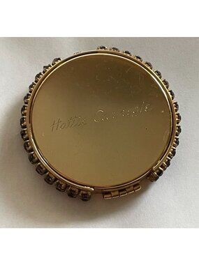 VTG Hattie Carnegie Gold Tone Purple Rhinestone Round Powder Compact Mirror 2.5"
